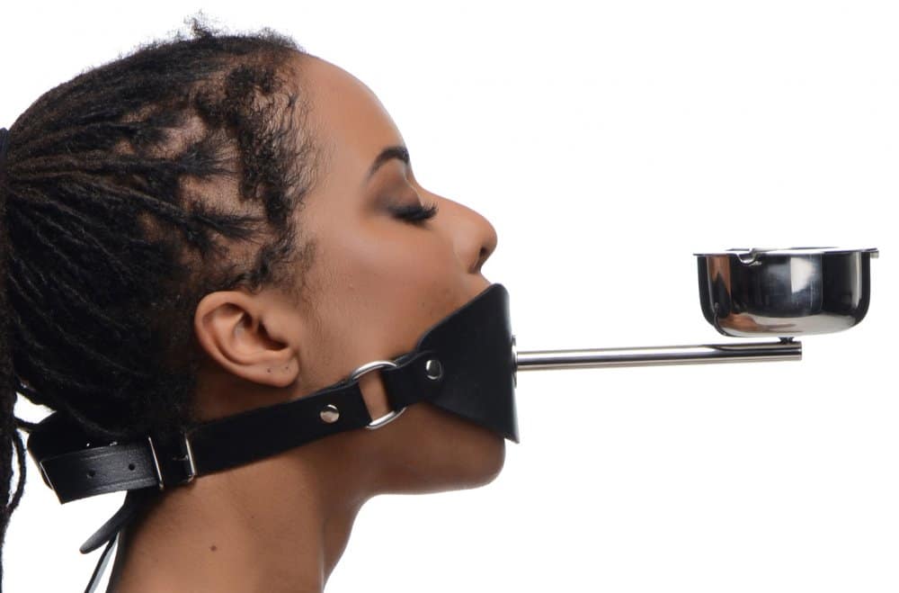 Ashtray Ball Gag With Female Model Side View