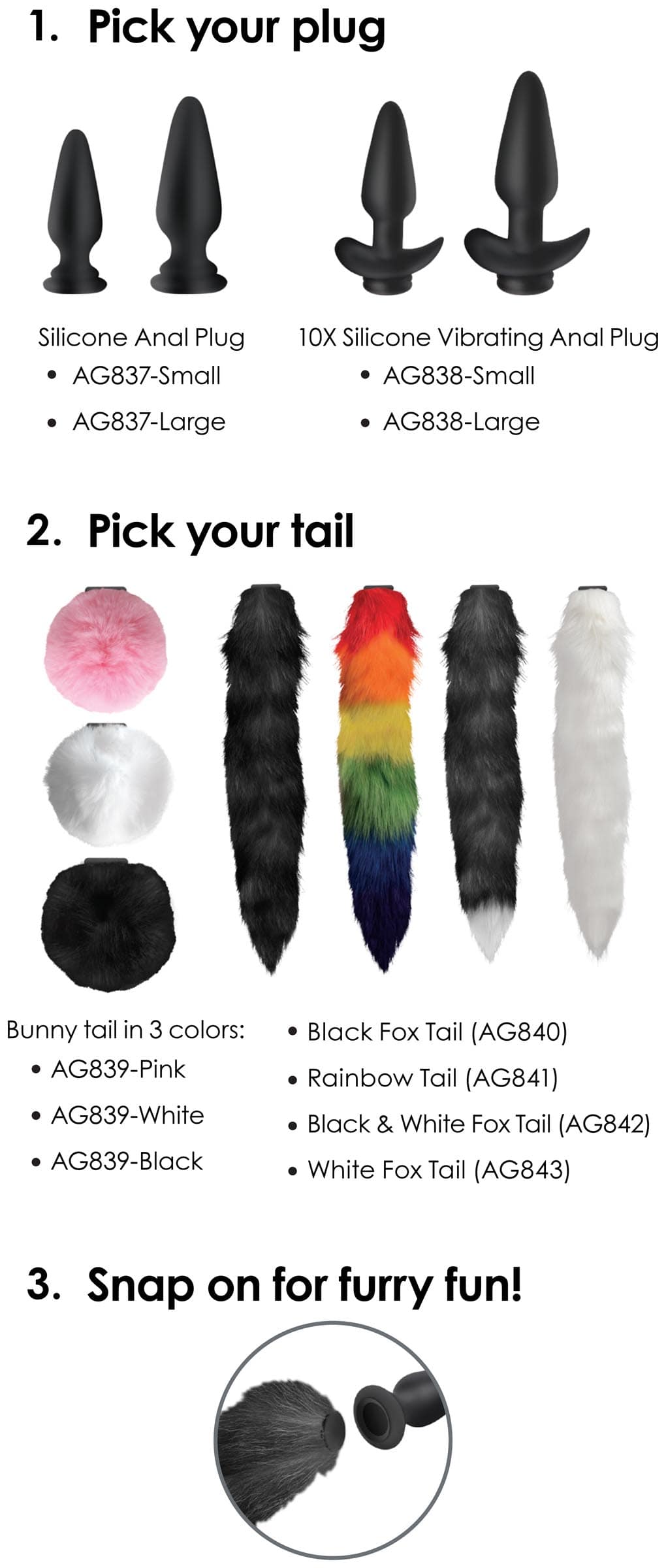 Large Anal Plug with Interchangeable Fox Tail - Black and White - Image 7