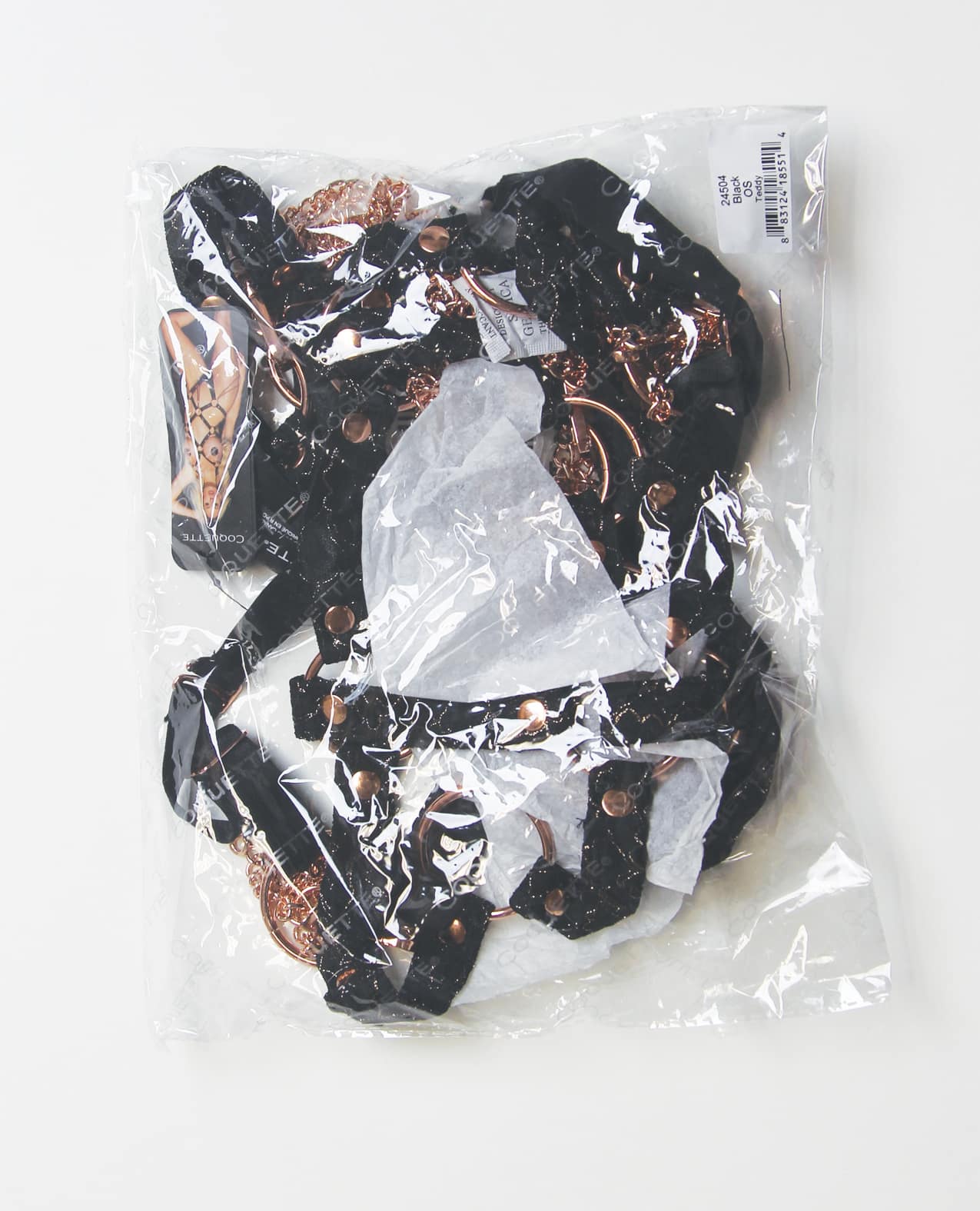 Pleasure Collection Your Command Harness Teddy w/Mini Chain Whips - Black/Rose Gold O/S - Image 6