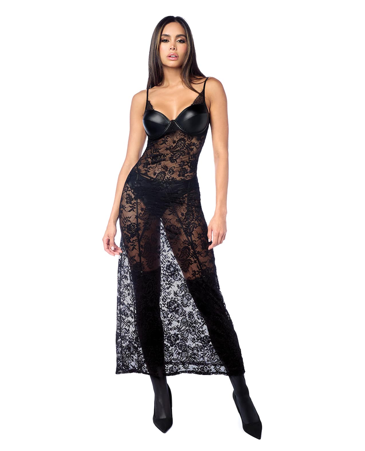 Lace Underwire Long Gown w/Panty & Garter Belt 2 pc Set (Stockings not Included) - Black L/XL