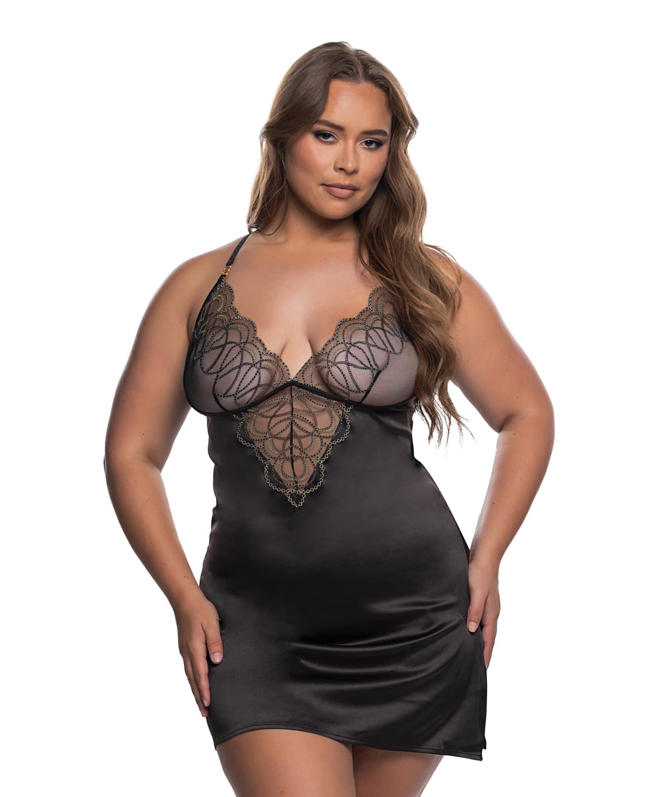 Beaded Belle Metallic Embroidery w/Bead Lace Chemise - Black/Gold 2X