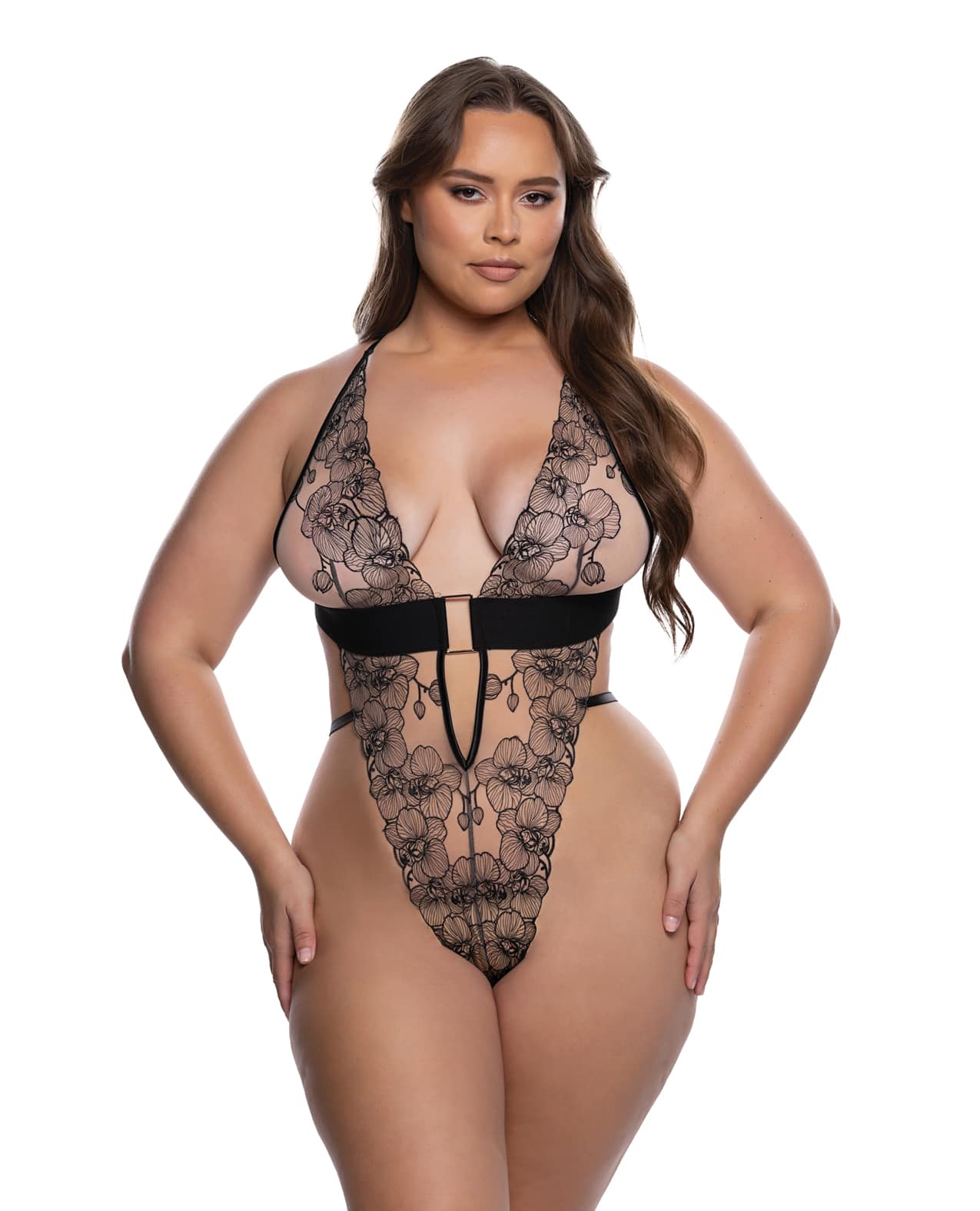 Orchid Blossom Embroidered Teddy - Black/Nude 2X