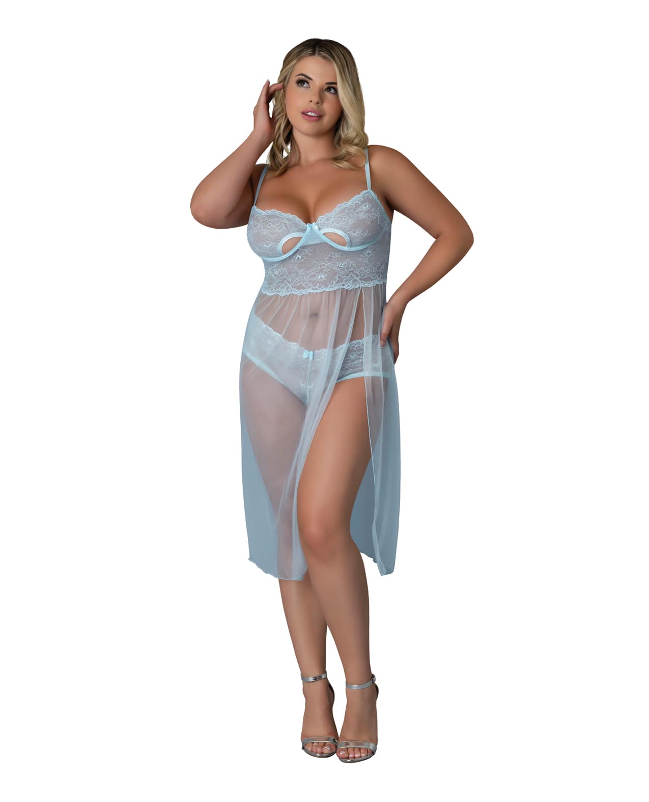 Blue Sky Long Chemise & Boy Short Panty - Light Blue QN