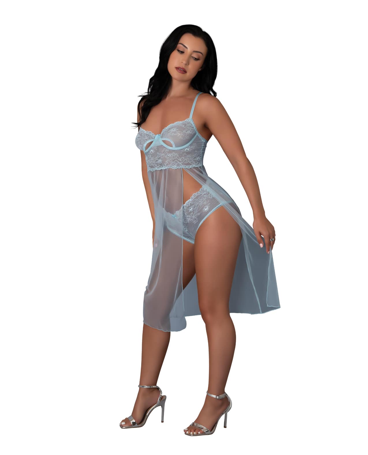 Blue Sky Long Chemise & Boy Short Panty - Light Blue S/M