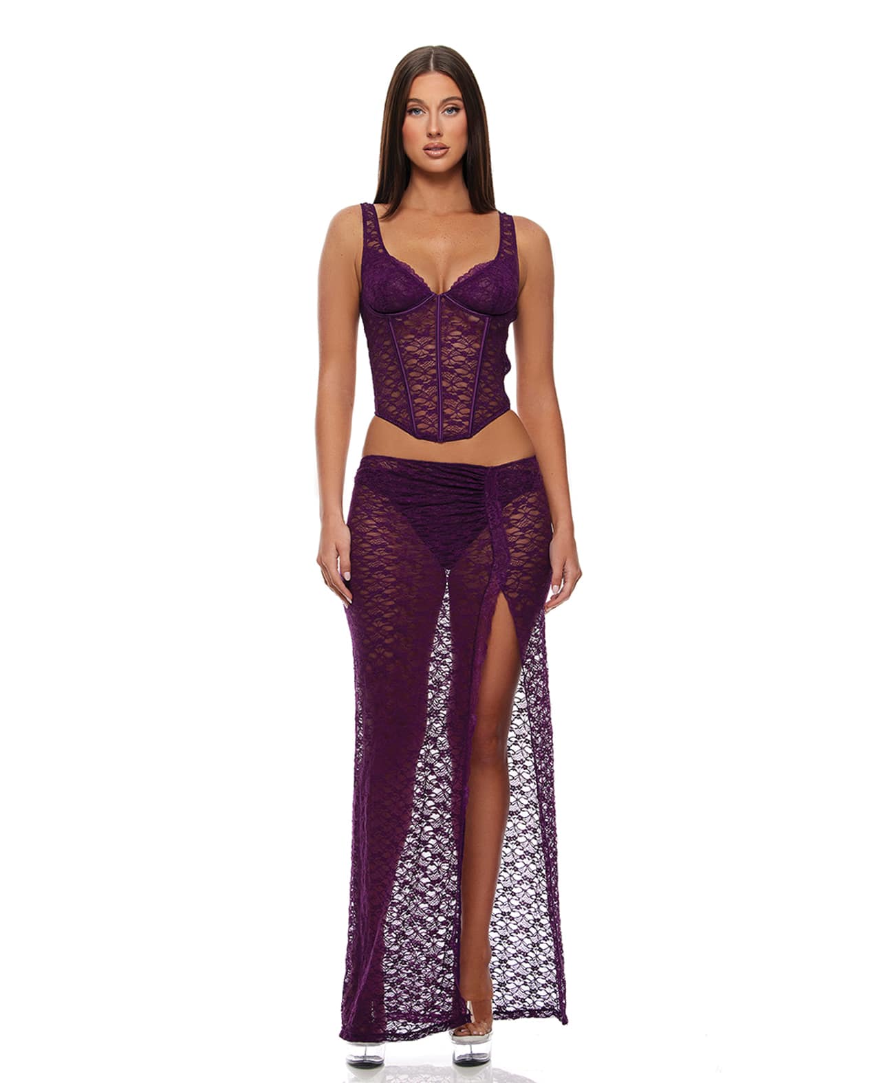 Feel Me Lace Bustier, Panty, & Skirt 3 pc set - Purple MD