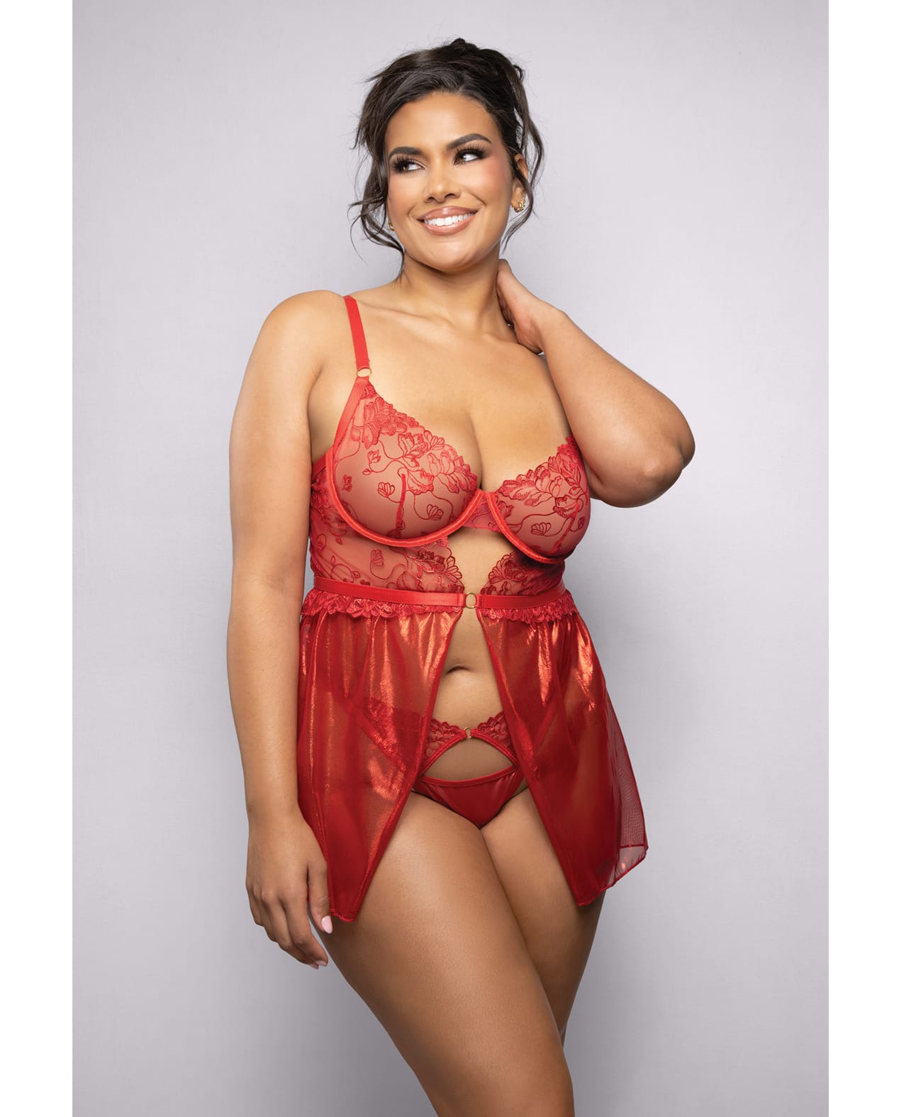 Ruby Shimmer Lace & Mesh Babydoll w/Panty - Red 3X/4X