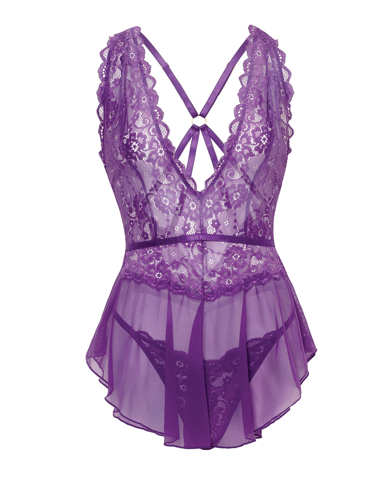 Harmony V-Plunge Lace & Mesh Babydoll w/G-String - Purple 1X/2X - Image 8