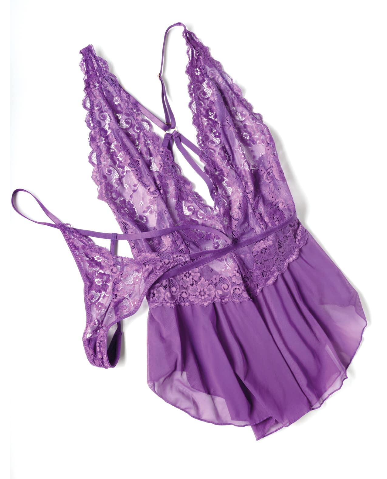 Harmony V-Plunge Lace & Mesh Babydoll w/G-String - Purple 1X/2X - Image 10