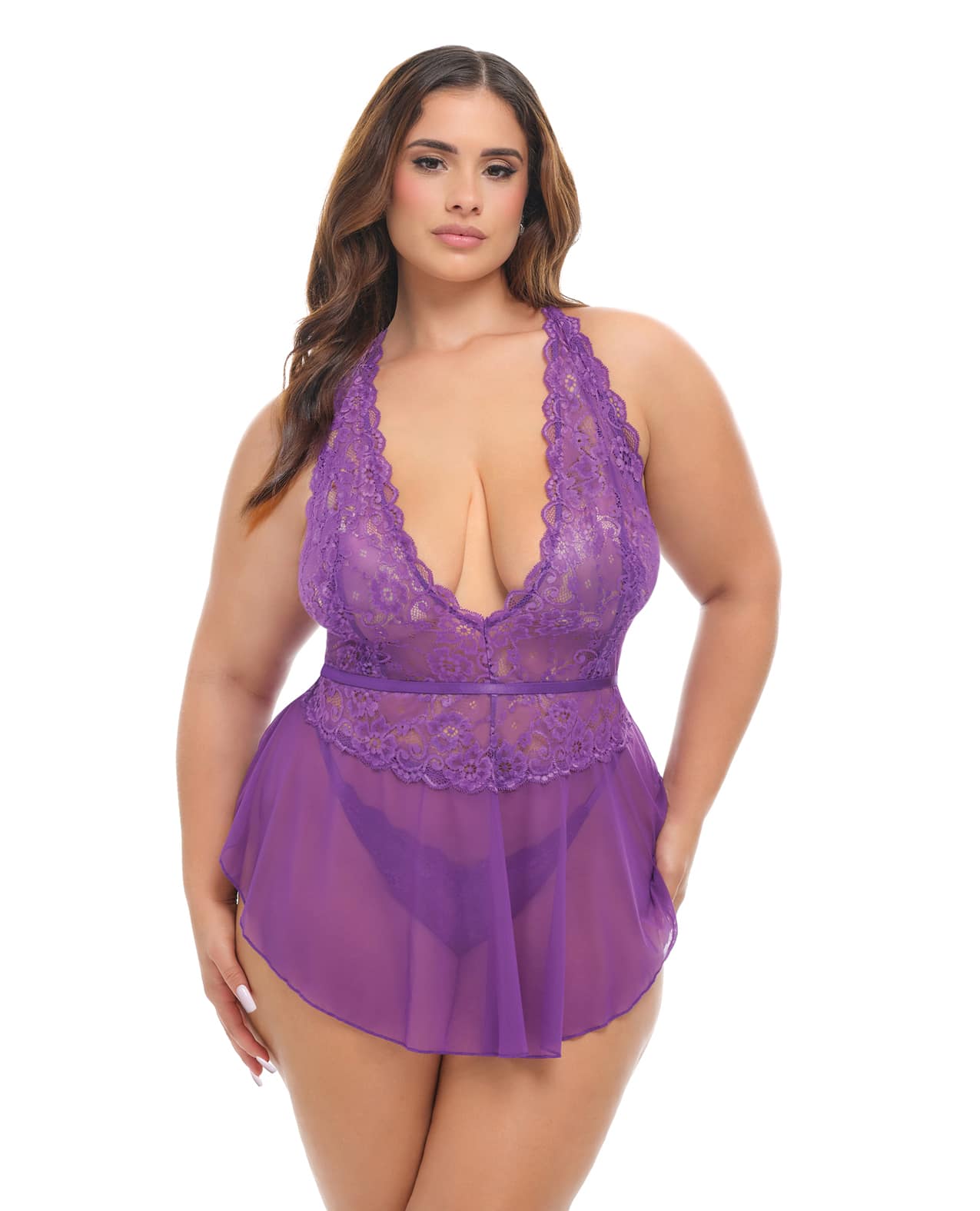 Harmony V-Plunge Lace & Mesh Babydoll w/G-String - Purple 1X/2X - Image 3