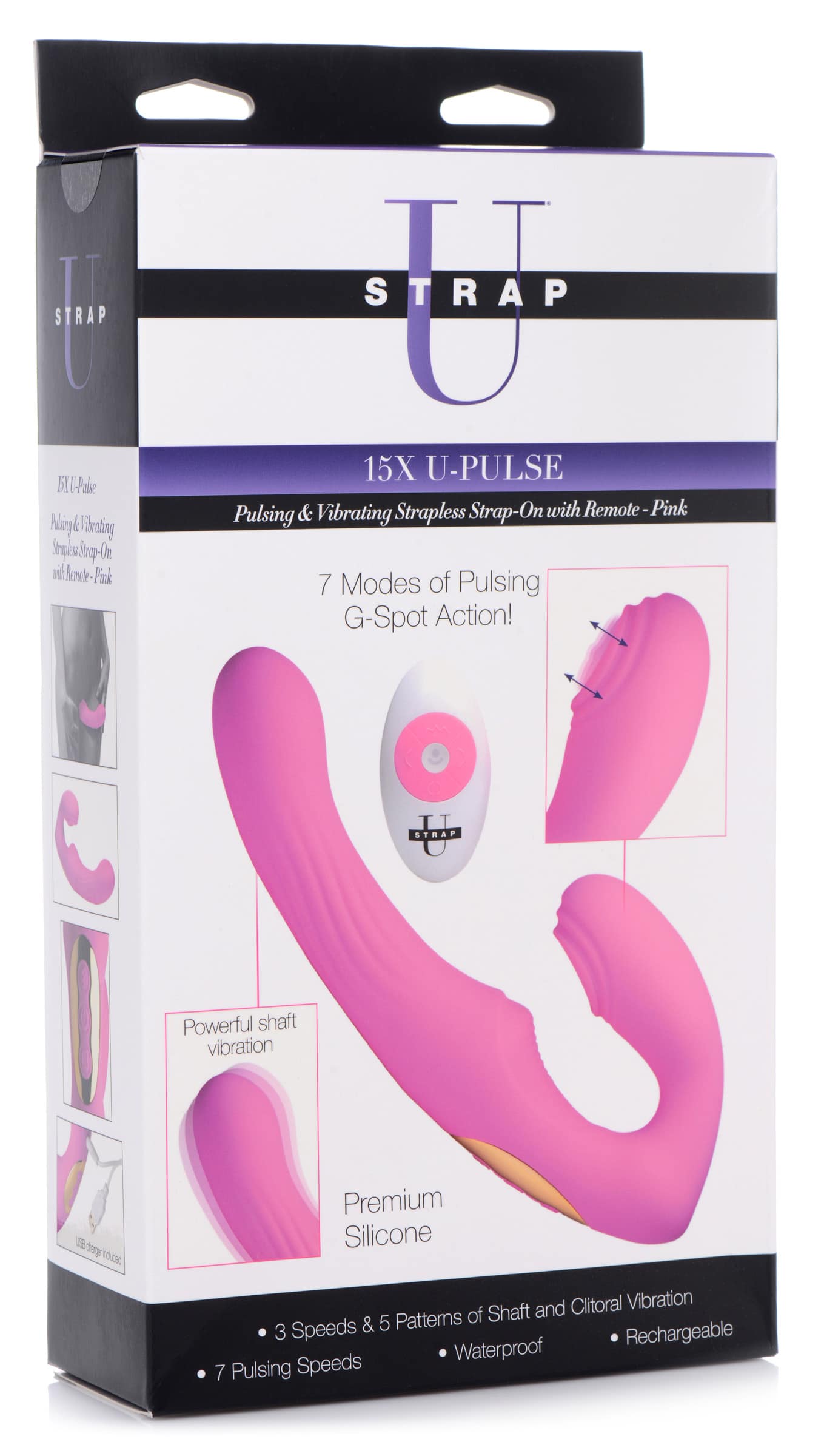 15X U-Pulse Silicone Pulsating and Vibrating Strapless Strap-on with Remote - Pink - Image 9