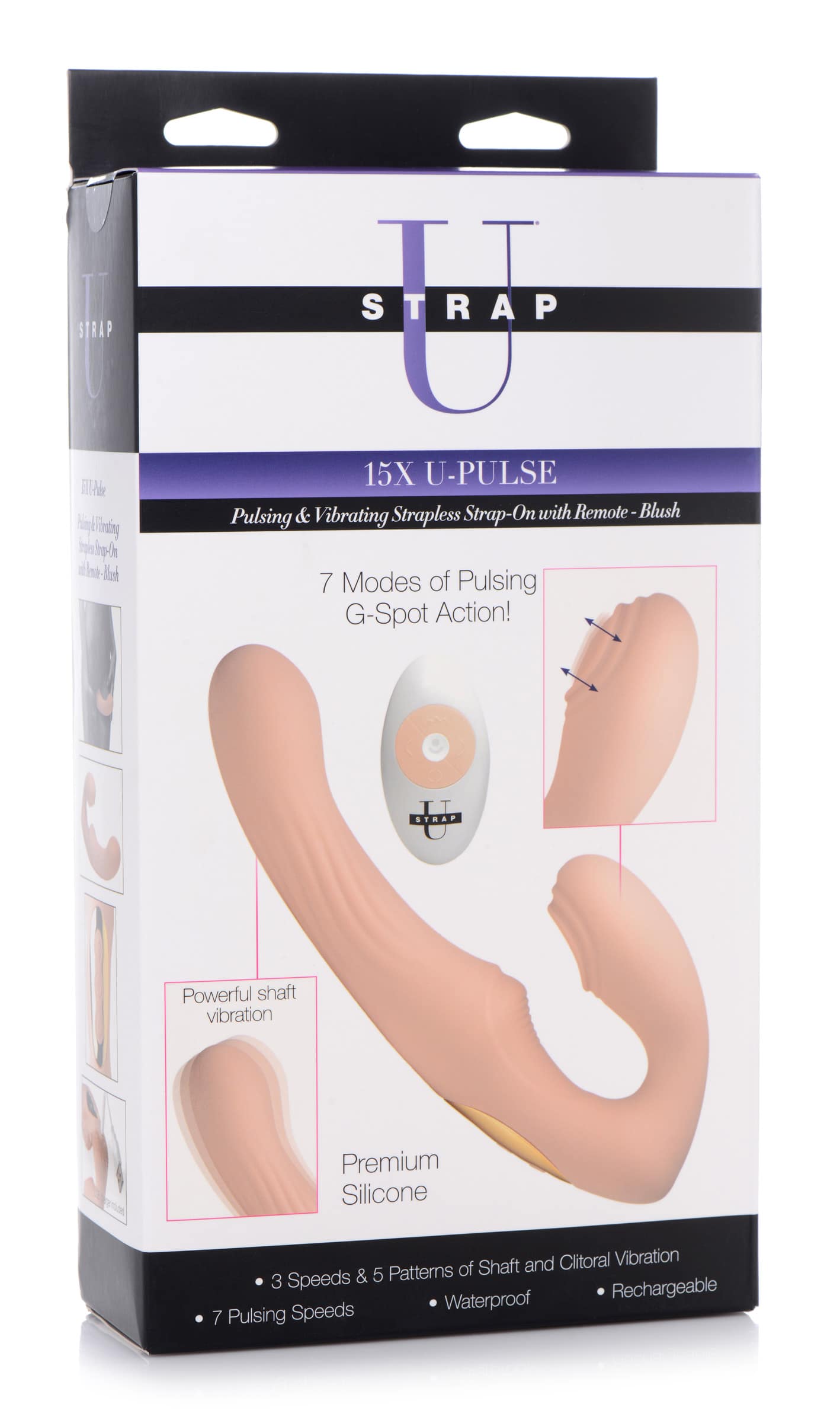 15X U-Pulse Silicone Pulsating and Vibrating Strapless Strap-on with Remote   Blush  The BDSM Toy Shop