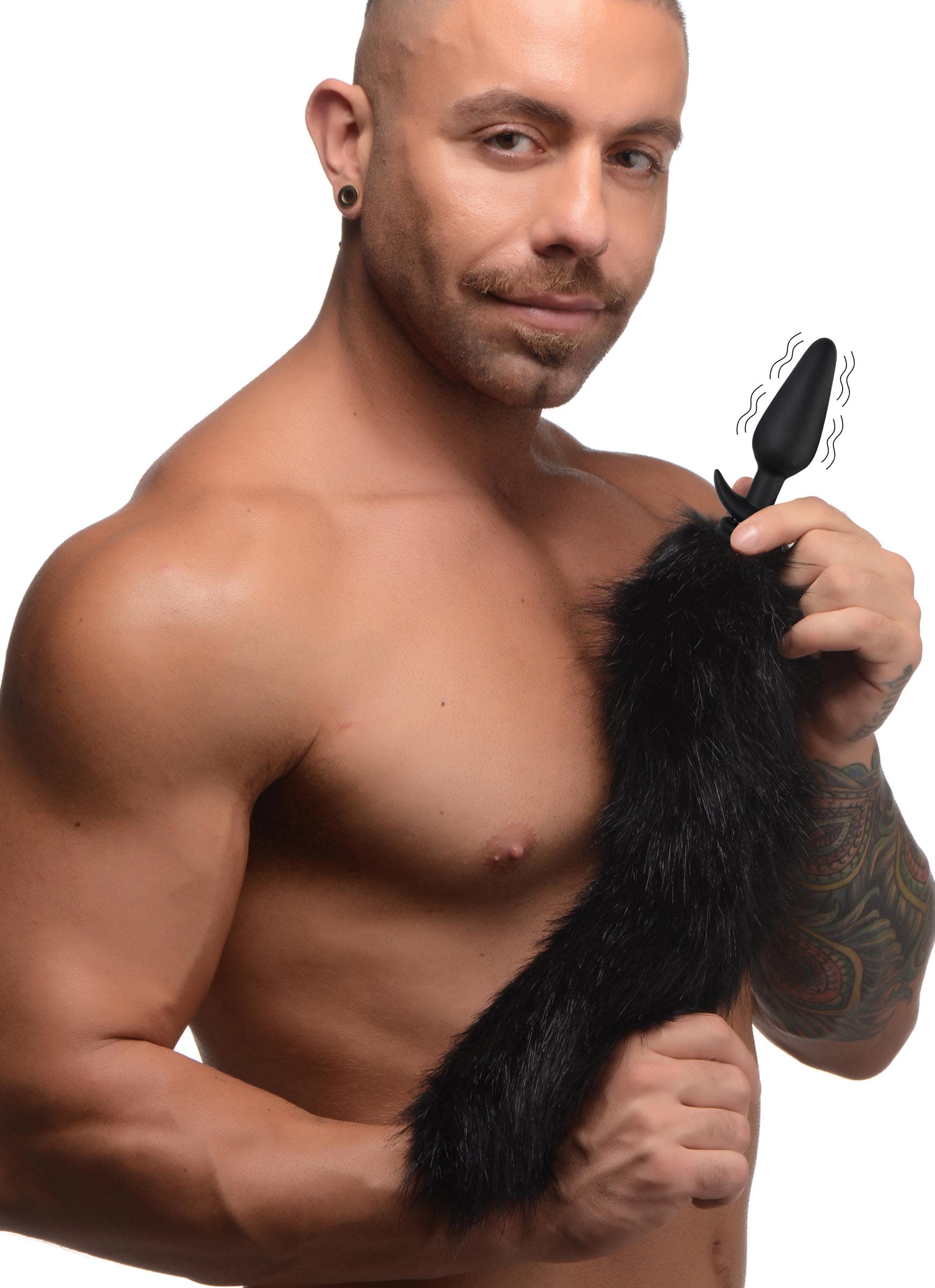 Large Vibrating Anal Plug with Interchangeable Fox Tail - Black - Image 2