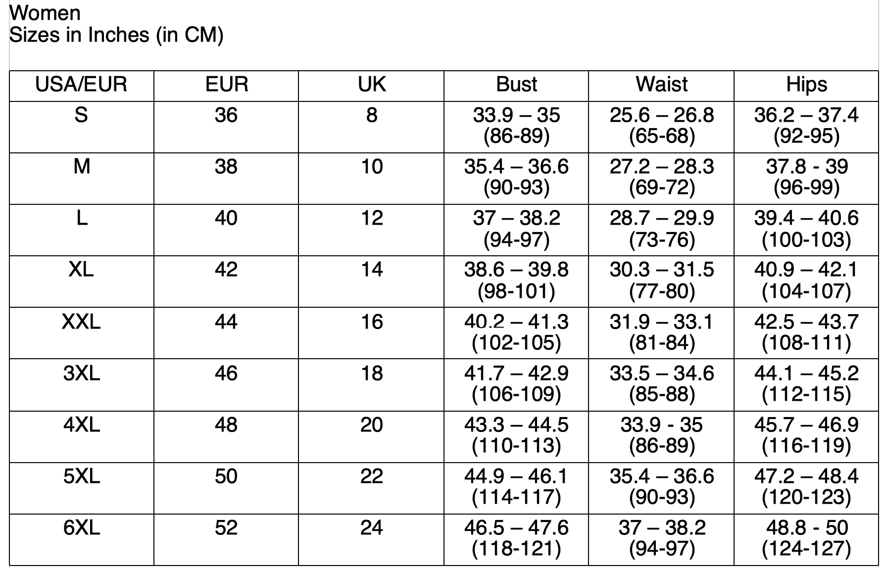 BTANHM Size Chart