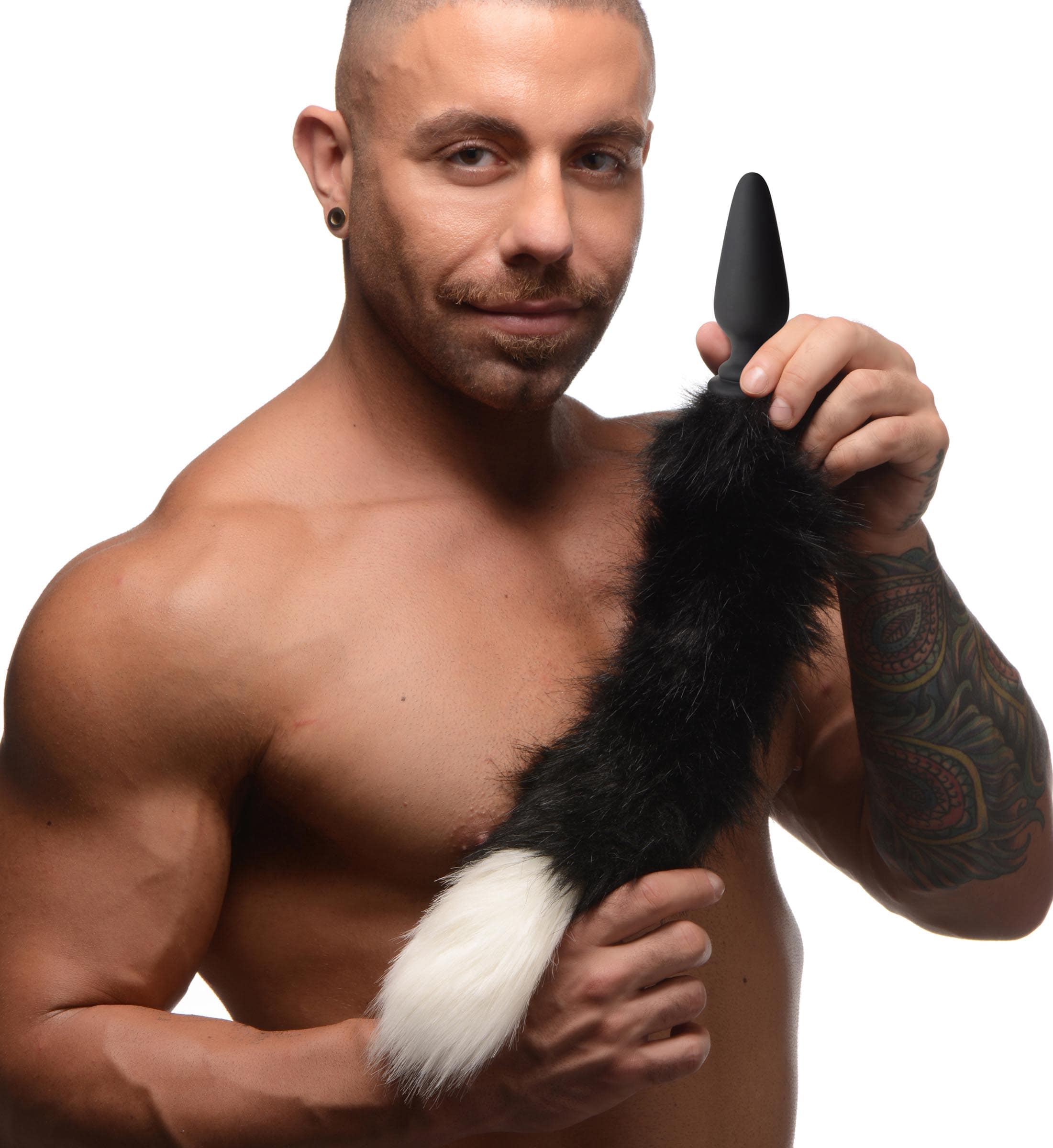 Large Anal Plug with Interchangeable Fox Tail - Black and White - Image 2