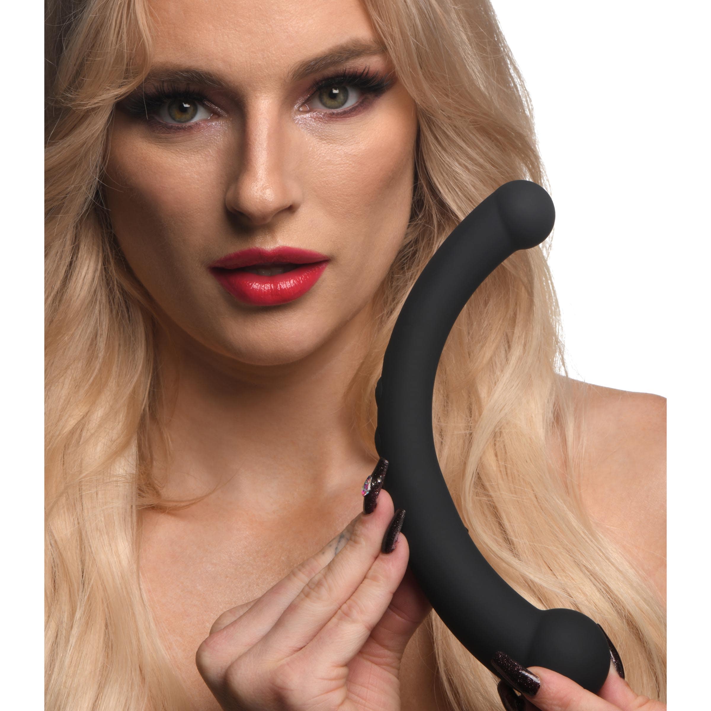10X Vibra-Crescent Vibrating Silicone Dual-Ended Dildo - Black - Image 2