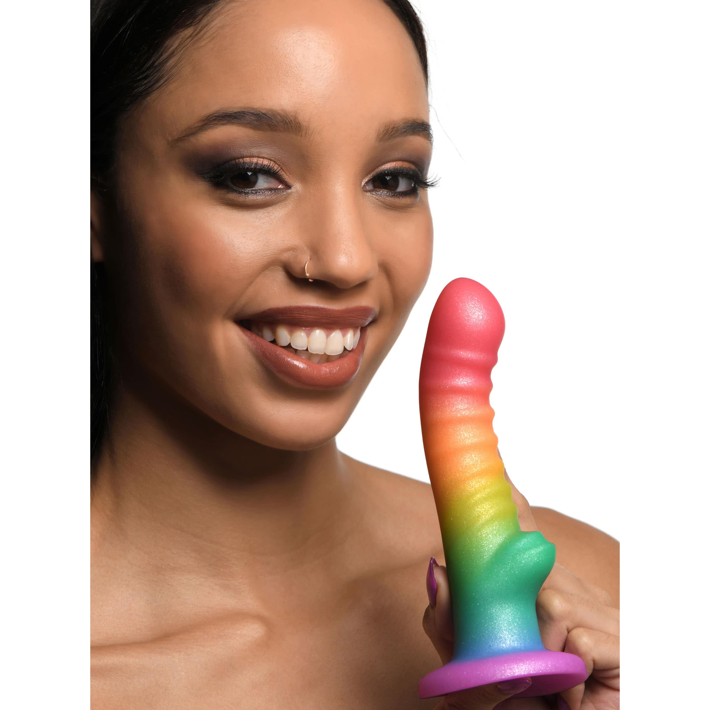 Ribbed Rainbow Silicone Dildo - Image 3