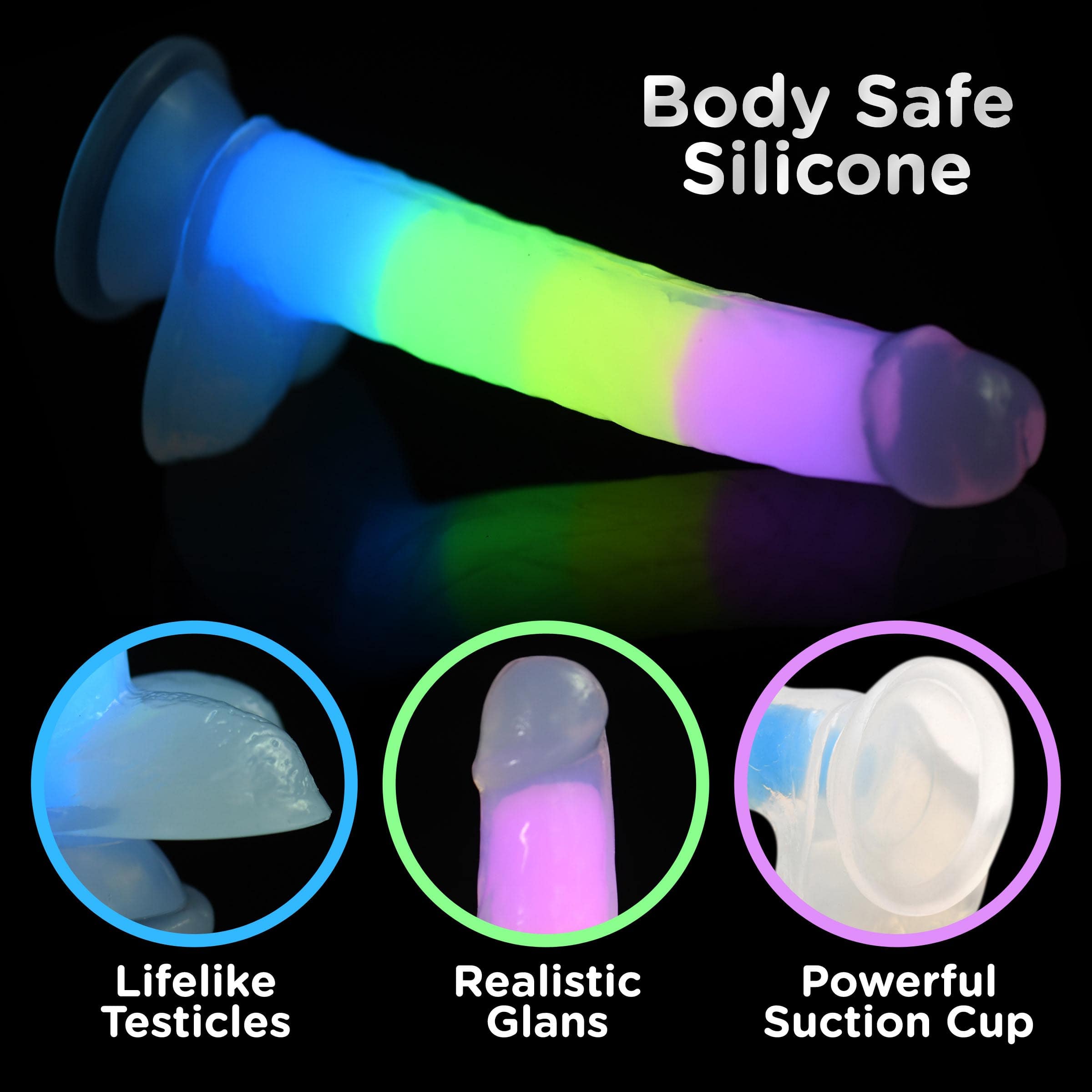7 Inch Glow-in-the-Dark Rainbow Silicone Dildo with Balls - Image 2