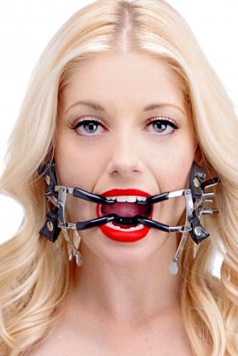 Ratchet Style Strapped Mouth Gag With Female Model Front Side