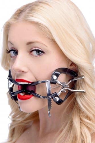 Ratchet Style Strapped Mouth Gag With Female Model Left Side