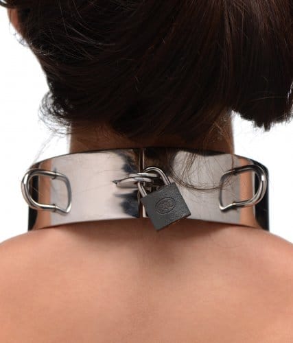 Stainless Steel Locking Bondage Collar With Model Locked