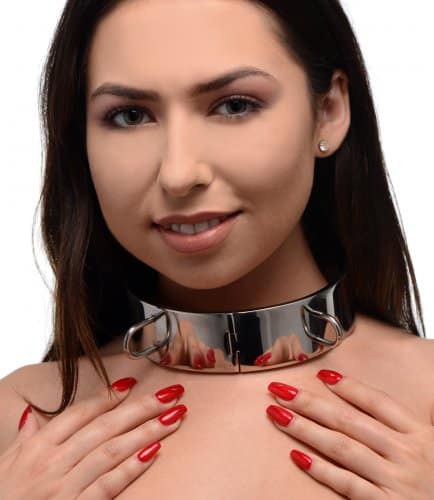 Stainless Steel Locking Bondage Collar With Model Demo