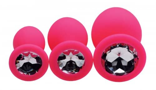 3 piece silicone anal plugs with gems shown pink