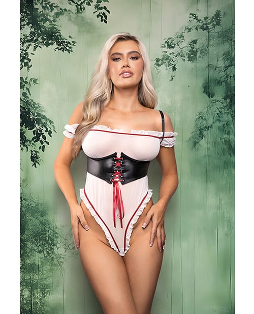Dangerous Darling Sheer Mesh Ruffle Teddy w/Waist Cincher & Hooded Cape 3 pc Set - Black/White M/L - Image 2