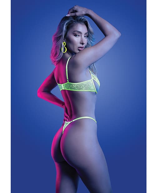 Mind Control UV Reactive Lace and Mesh Underwire Bra & Thong - Neon Green M/L - Image 2