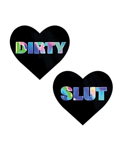 Neva Nude Holographic Dirty Slut Heart Pasties - Black O/S - Image 2