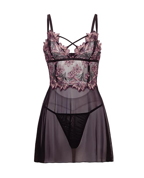 Adela Embroidered Boned Lace and Mesh Babydoll w/G-String 2 pc Set - Black/Pink 2X - Image 3