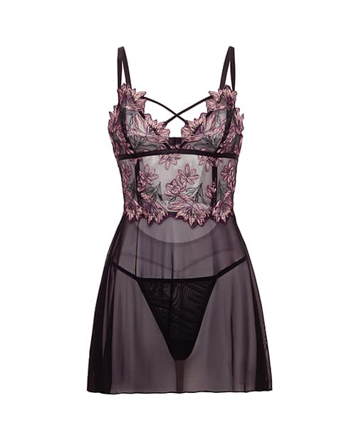 Adela Embroidered Boned Lace and Mesh Babydoll w/G-String 2 pc Set - Black/Pink XL - Image 5