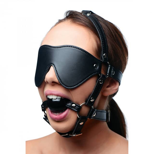 Blindfold Harness and Ball Gag With Model