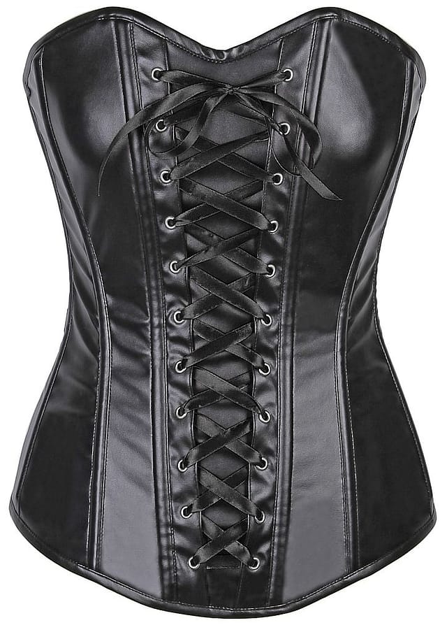 Wet Look Faux Leather Black Laced Over Bust Corset