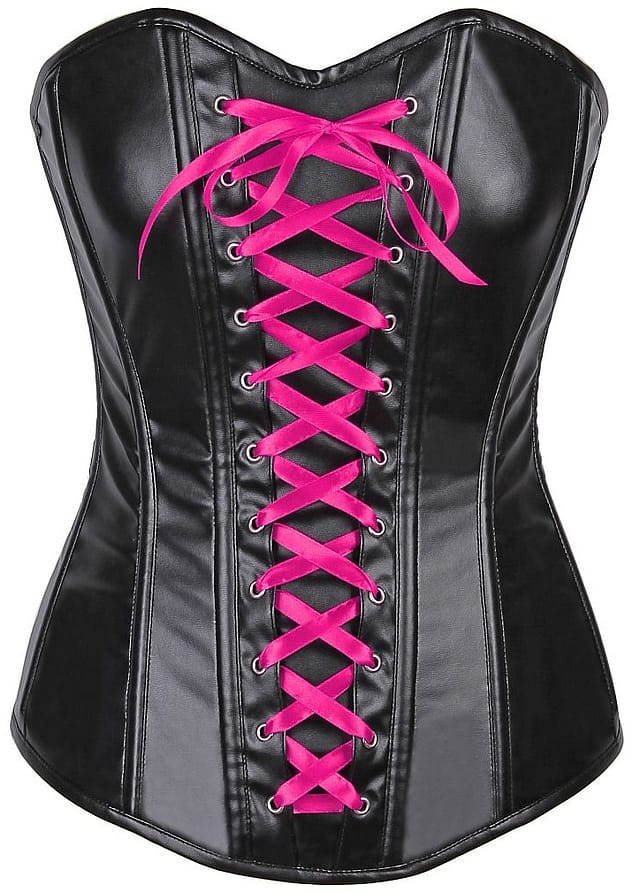 Wet Look Faux Leather Pink Laced Over Bust Corset Pink