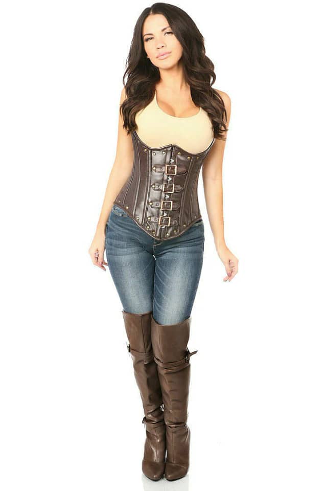 Distressed Faux Leather Buckle Underbust Corset Full body