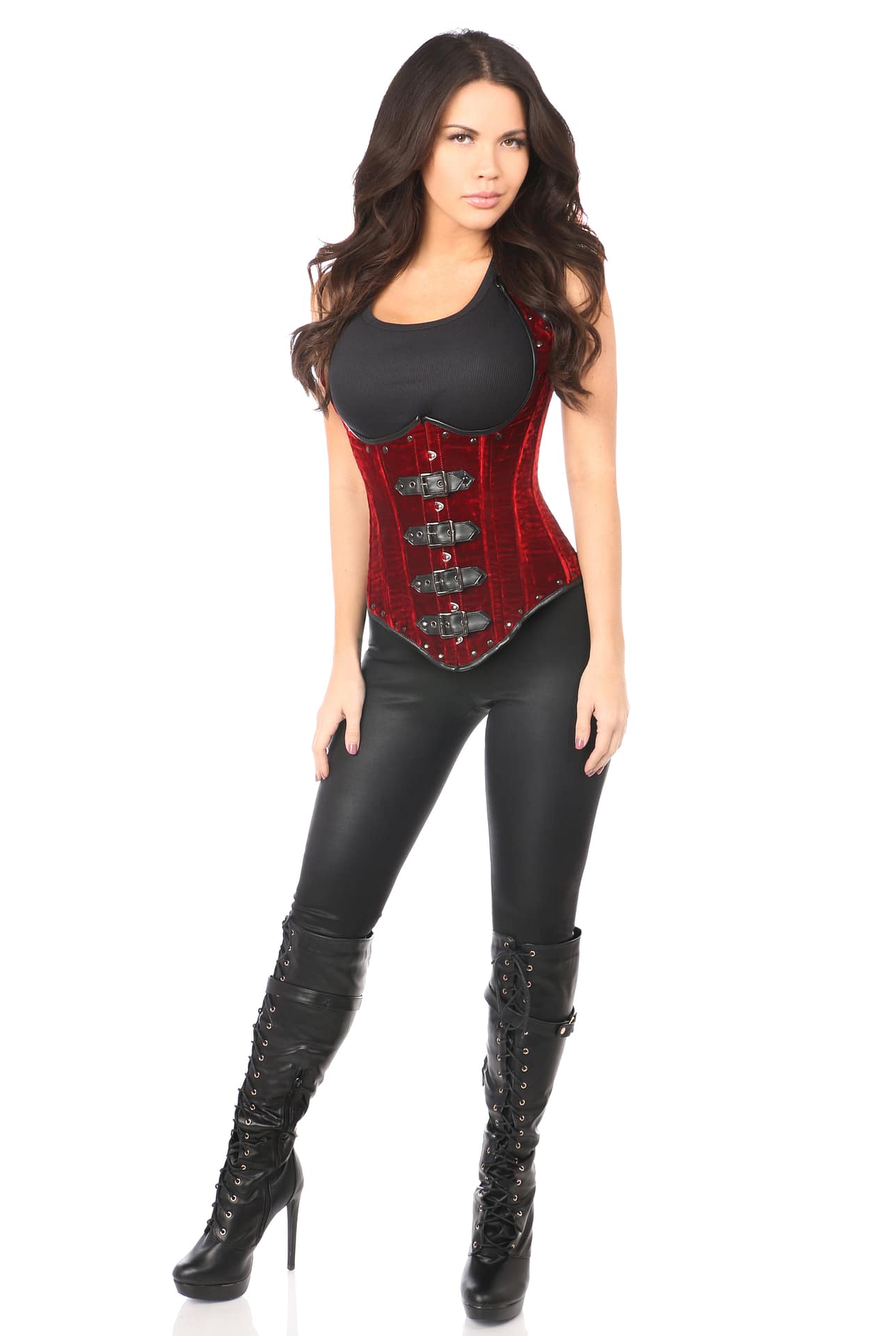 Steel Boned Red Velvet Underbust Corset With Buckling