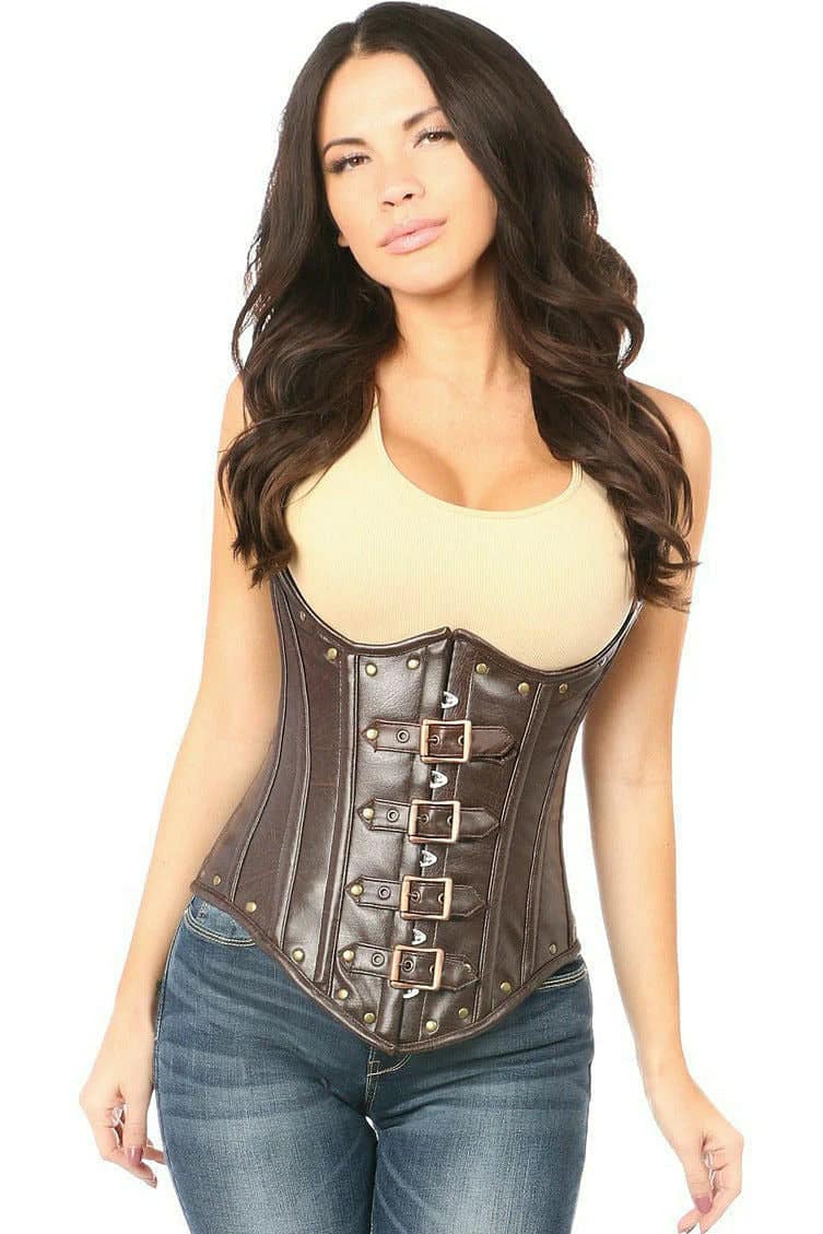 Distressed Faux Leather Buckle Underbust Corset