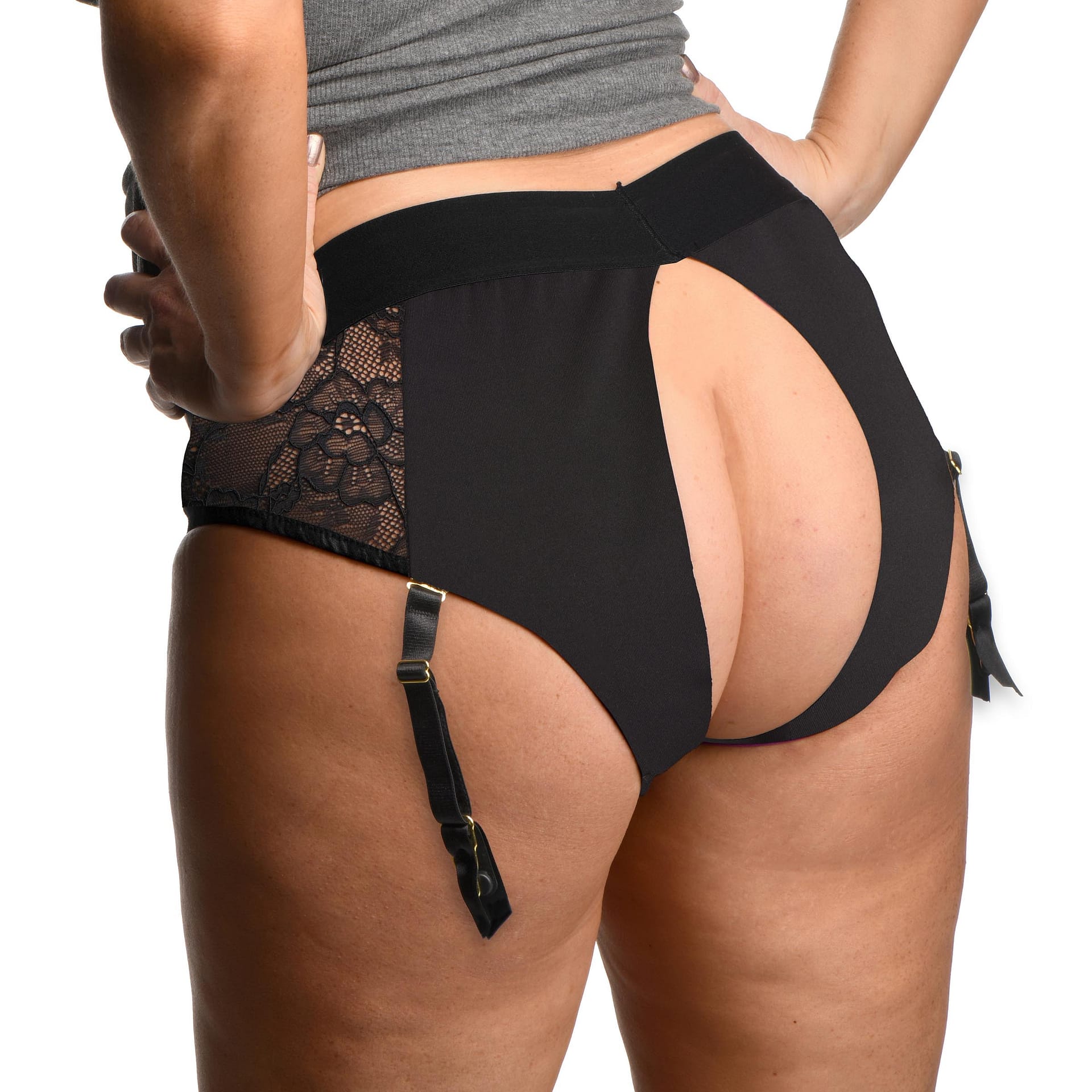 Black Lace Panty Crotchless Underwear Harness Strap-On L-XL Sex