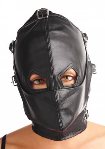 Asylum Leather Hood with Removable Blindfold and Muzzle With Eye Holes