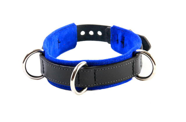 3-D Ring Leather Slave Collar Blue