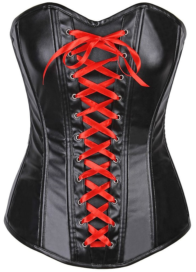 Wet Look Faux Leather Red Laced Over Bust Corset