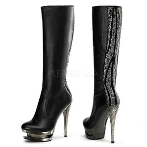6 Inch Stiletto dual platform leather knee high boots with Rhinestone Embelishment
